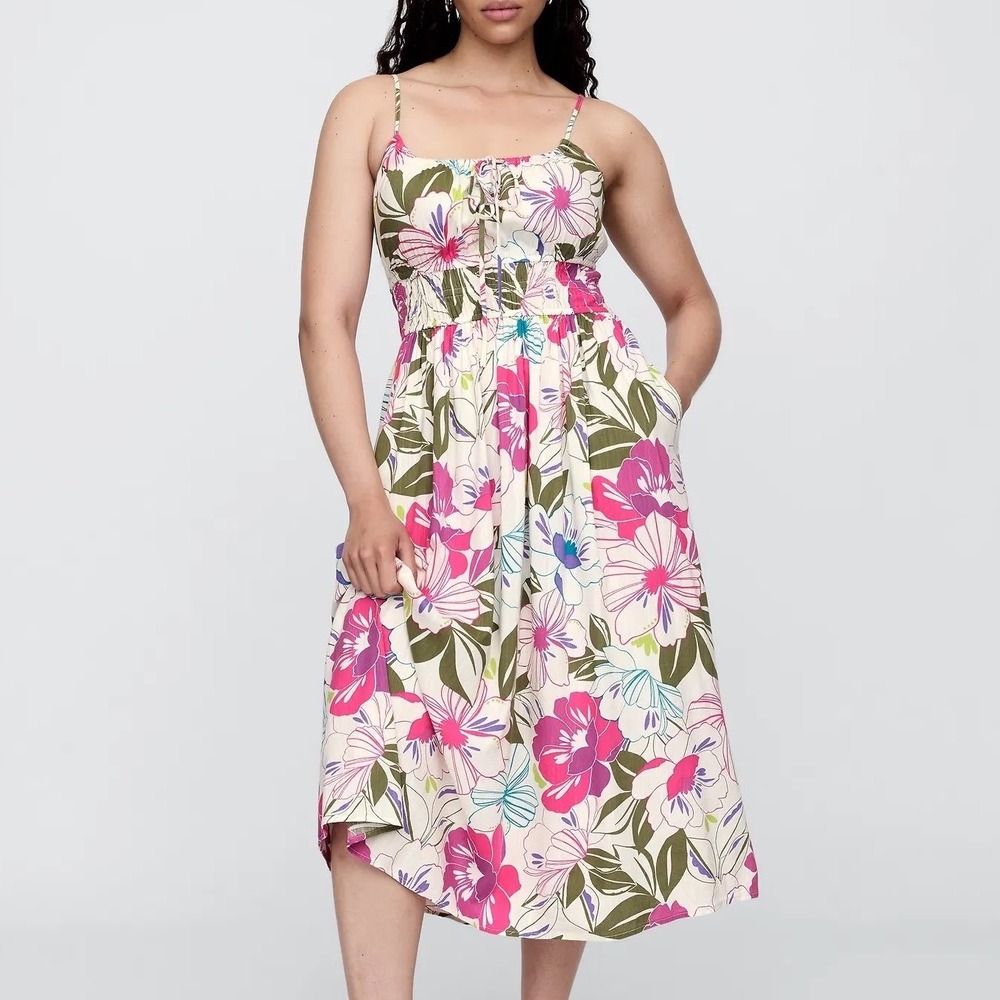 Gap Floral Smocked Midi Dress Pink Green White Botanical Summer resort M NEW